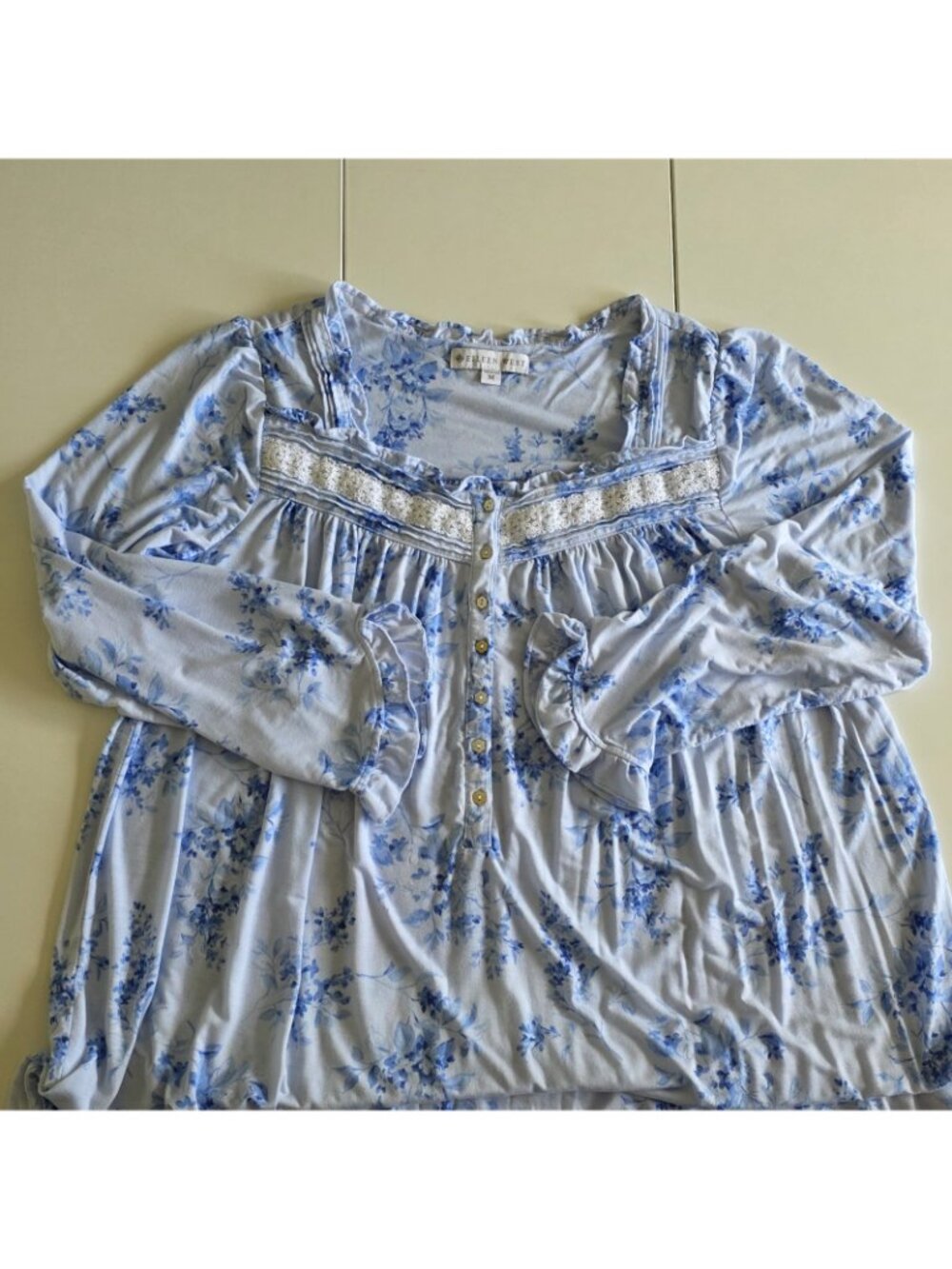 Eileen West Modal Nightgown M Blue Floral Lace Trim Ruffle Sleepwear Trad Wife - Picture 10 of 15